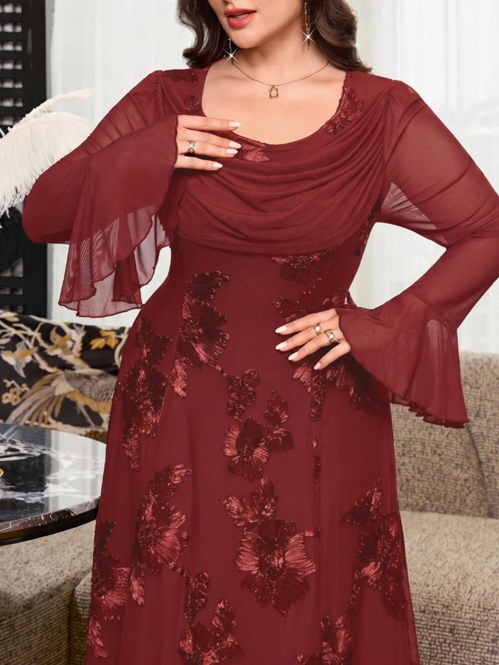Burgundy Elegant Women's Plus Size Jacquard Casual Party Dress - Picture 3 of 10